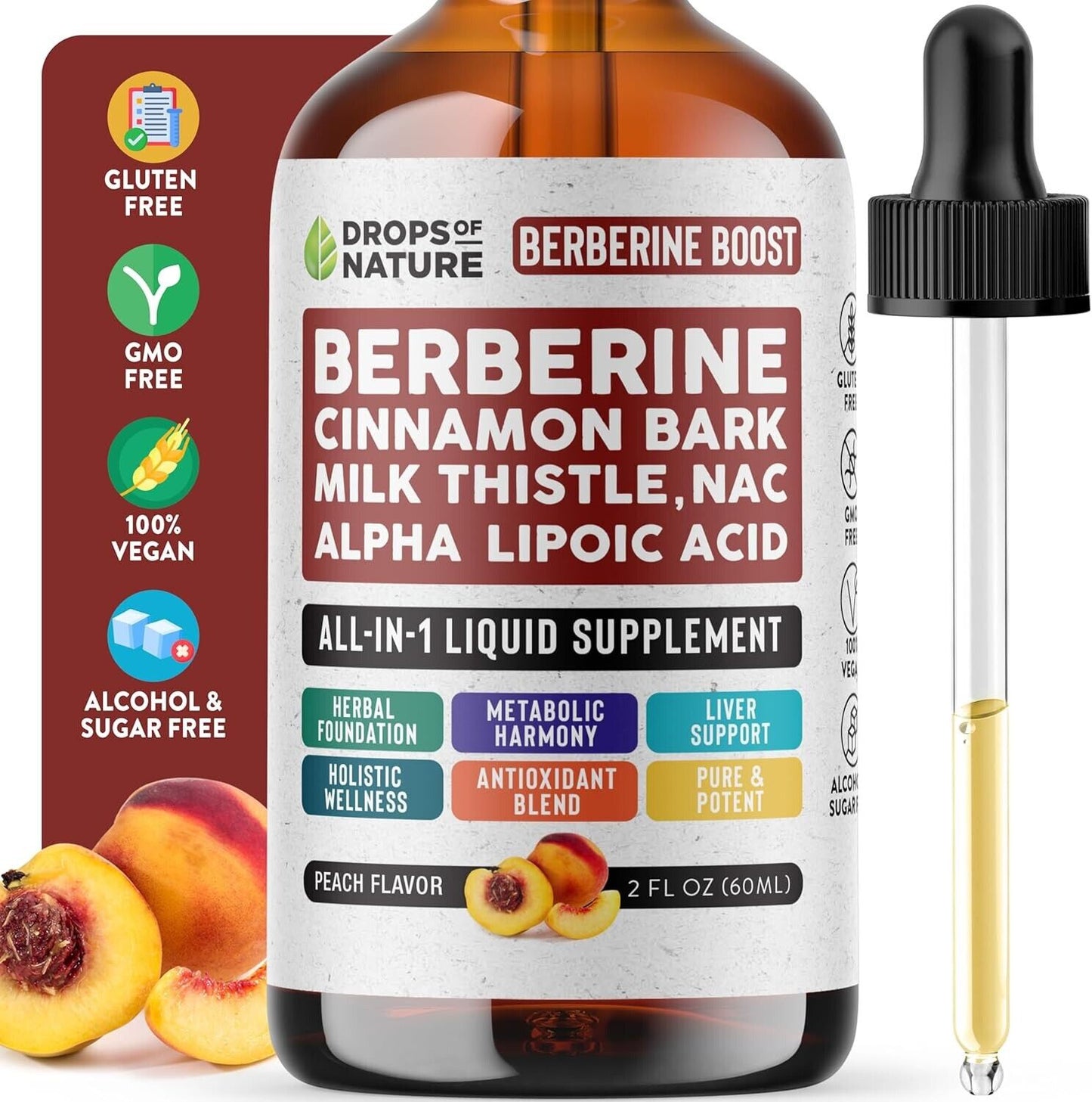 Berberine Milk Thistle Ceylon Cinnamon Alpha Lipoic Acid NAC Liquid Drops 60Ml