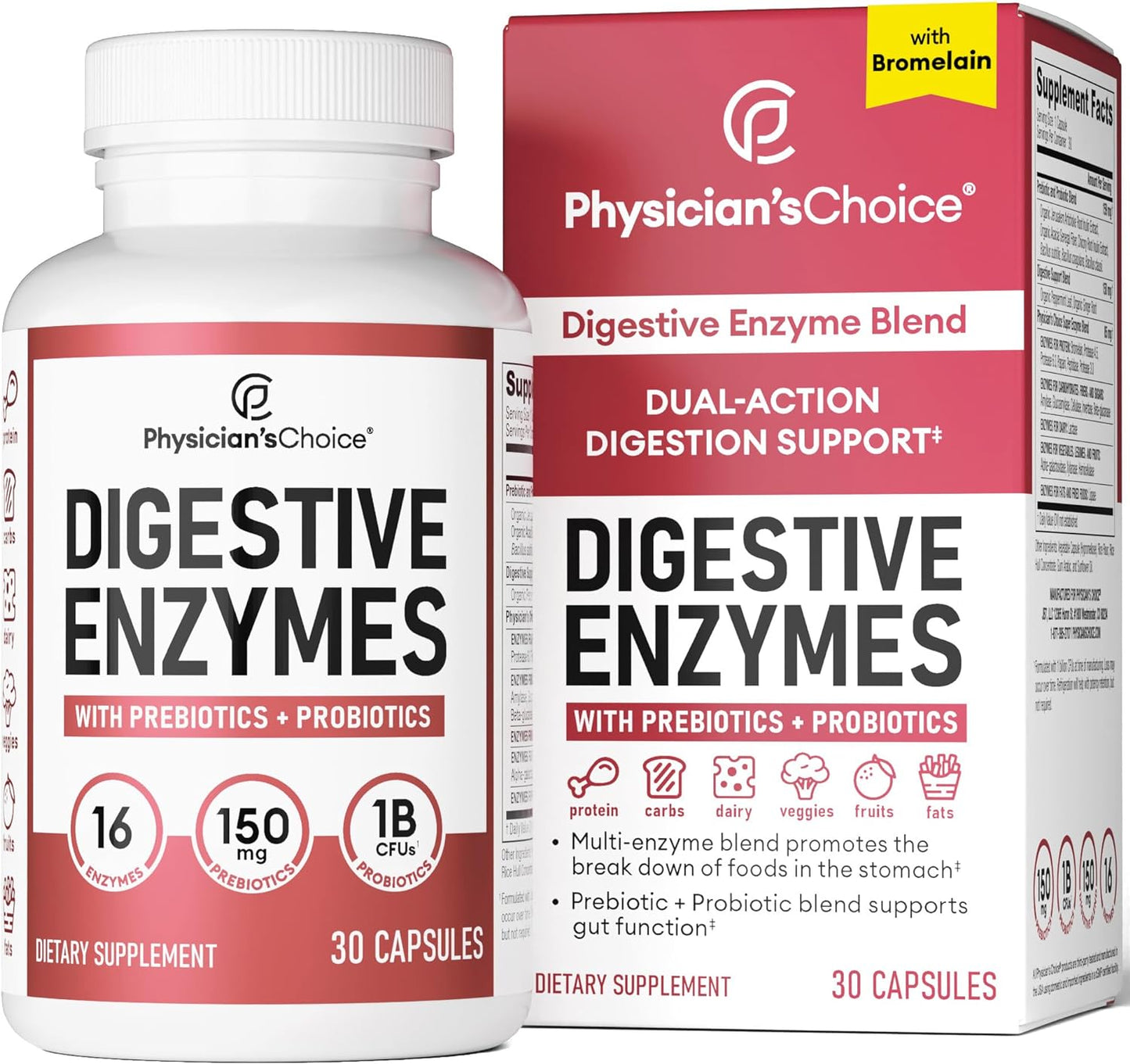 Digestive Enzymes - Multi Enzymes, Bromelain, Organic Prebiotic Physician's Choice 