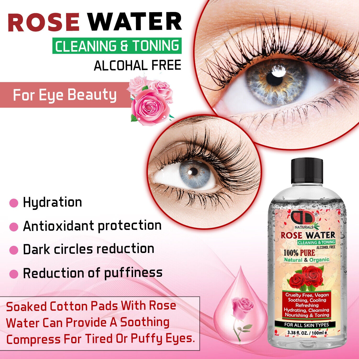 100% Pure Natural Organic Rose Water Toner Cleanser, Moisturiser for Fresh Face