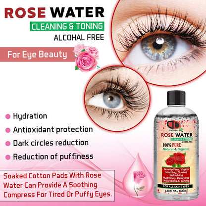 100% Pure Natural Organic Rose Water Toner Cleanser, Moisturiser for Fresh Face