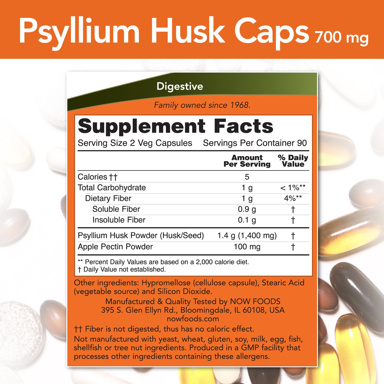 NOW Foods Cáscara De Psyllium, 700 Mg, 180 Cápsulas Vegetales