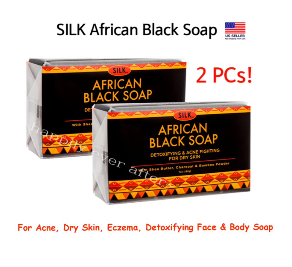 2 PC Silk African Black Soap for Face & Body, Detoxifying, Acne, Dry Skin Eczema