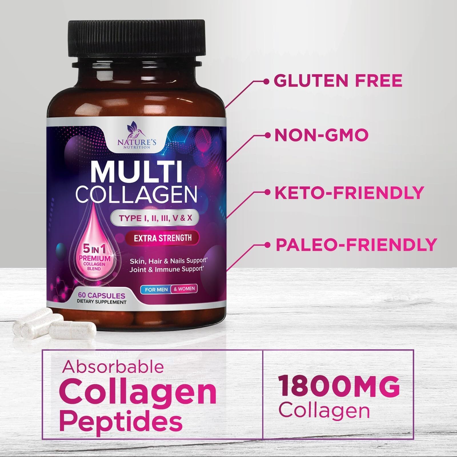 Collagen Peptides Pills 1000Mg Hydrolyzed Collagen Capsules (Types I,II,III,V,X)