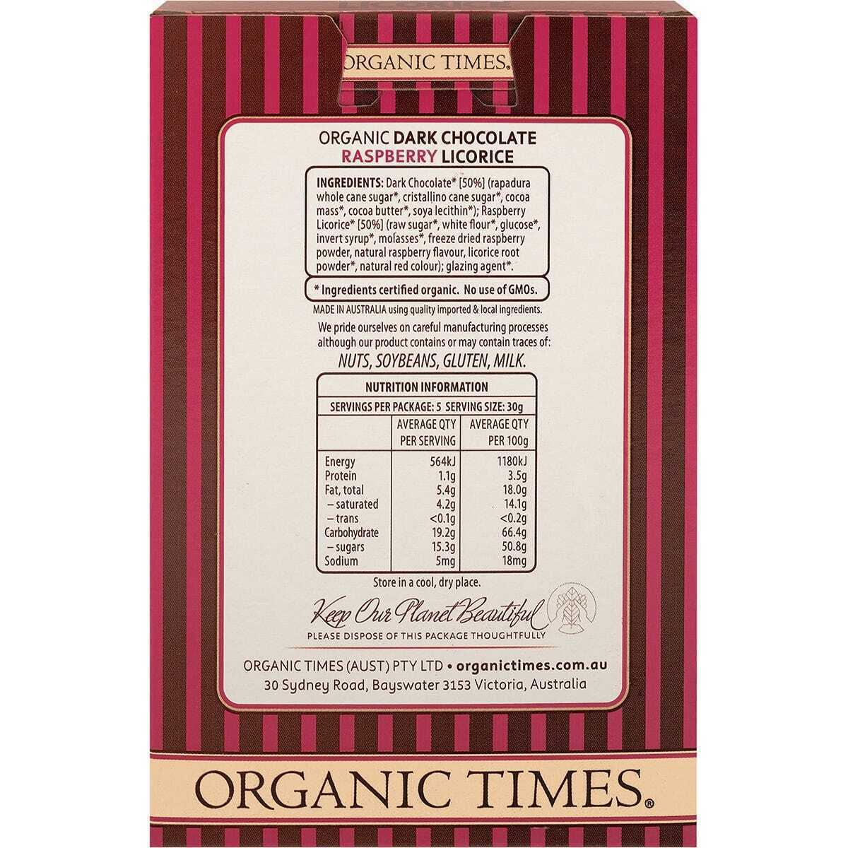 ORGANIC TIMES Dark Chocolate Raspberry Licorice 150G