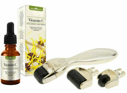 Microneedle Derma Roller 3 in 1 Gold Set & Vitamin C Serum W/ Hyaluronic Acid