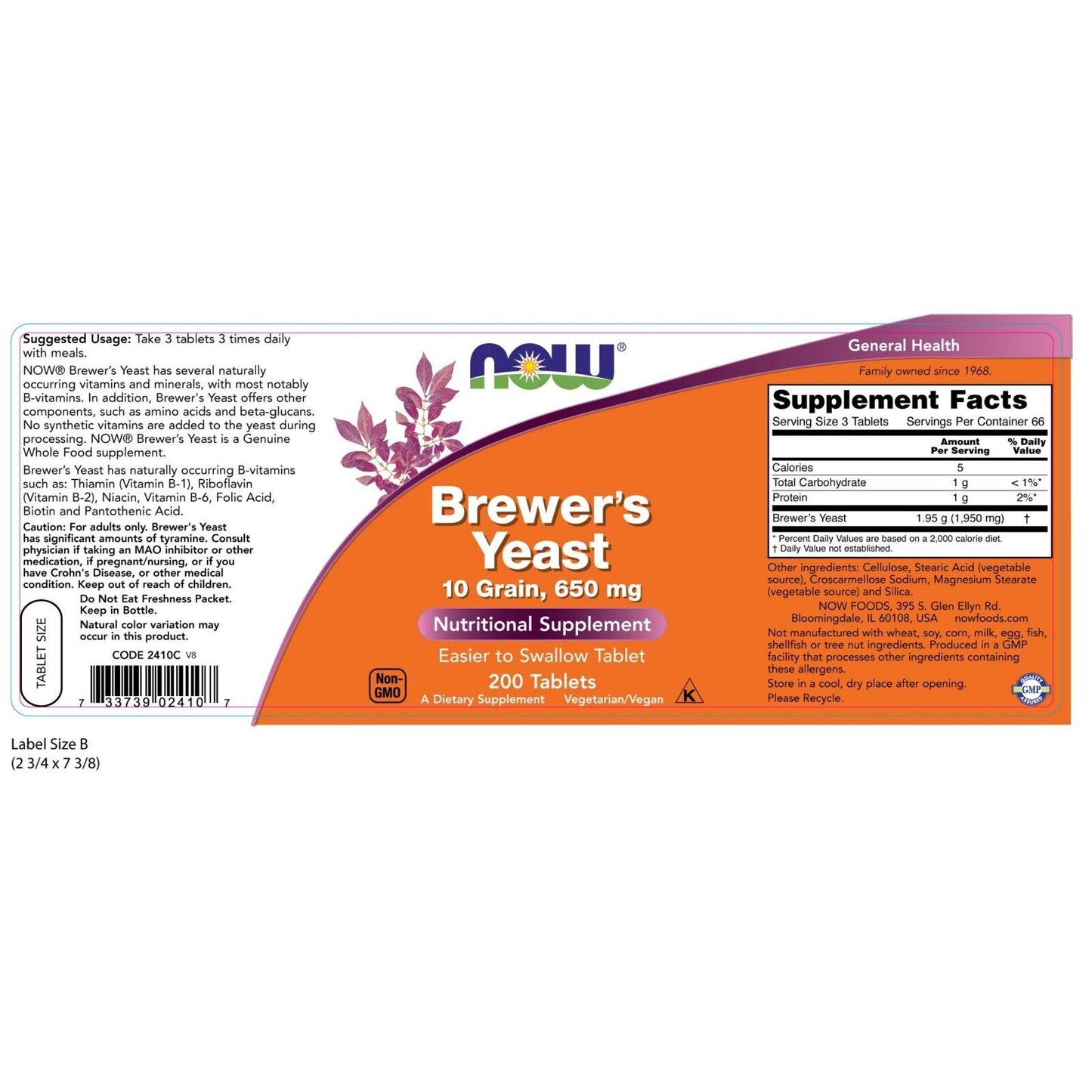 NOW Foods Brewer'S Yeast 650 Mg, 200 Tabletas