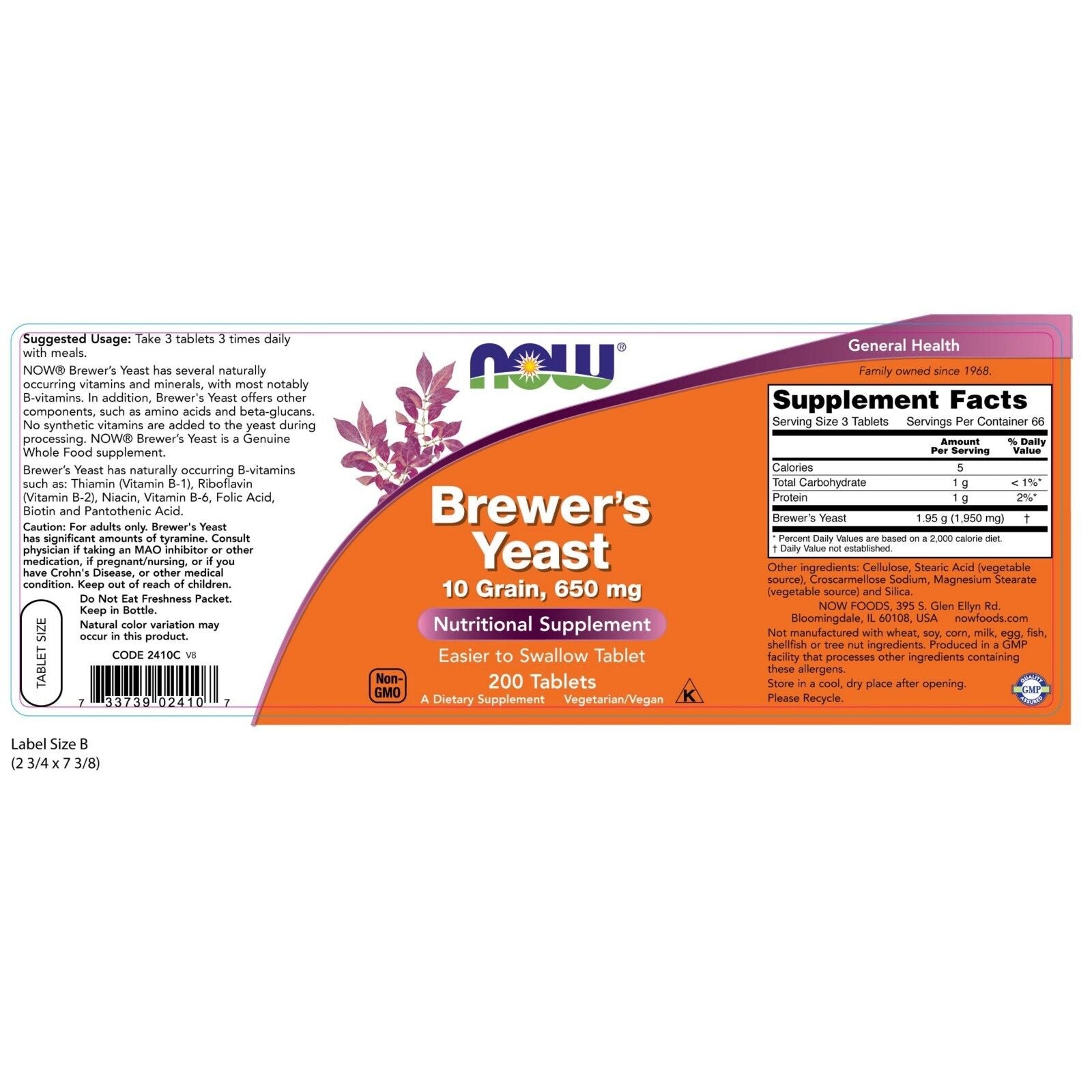 NOW Foods Brewer'S Yeast 650 Mg, 200 Tabletas