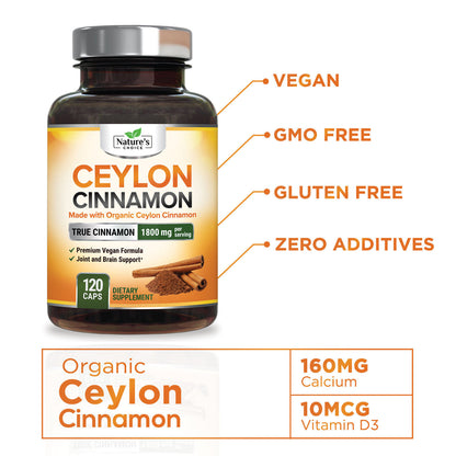 Organic Ceylon Cinnamon Capsules 1800Mg Highest Potency Blood Sugar Support