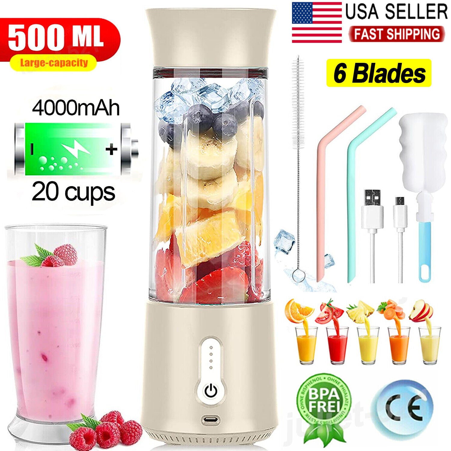 500Ml Portable Electric Blender Juicer USB Smoothie Mixer Bpa-Free Fruit Machine