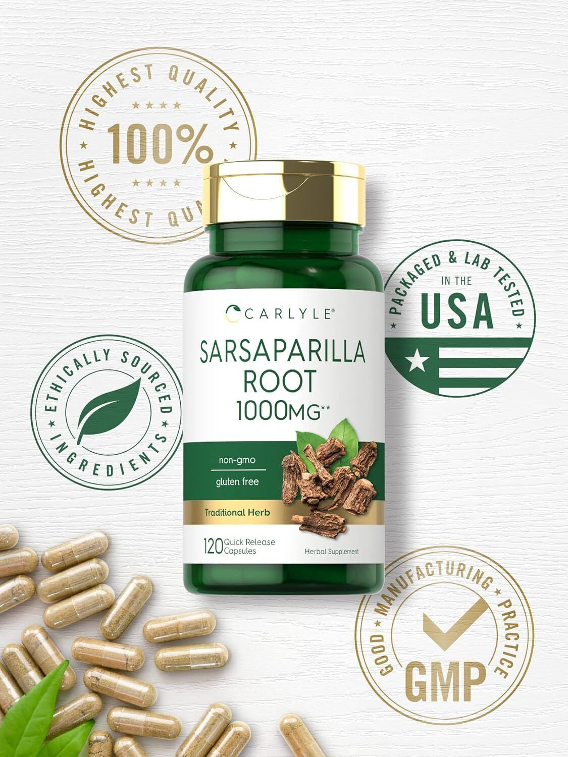 Carlyle Sarsaparilla Root Capsules 1000Mg | 120 Count | Non-Gmo, Gluten Free Sup