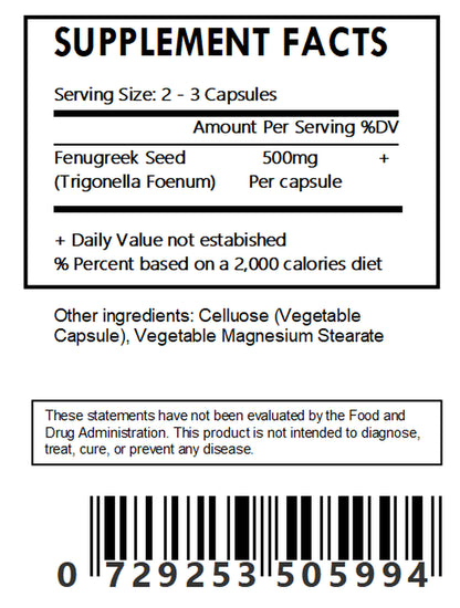 Organic Fenugreek Seed Powder Capsules - 60 Count 500Mg Each -