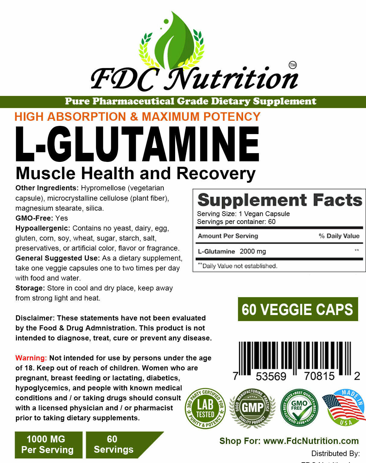 L-Glutamine 2000 Mg, 60 Vegan Capsules - Gluten Free, Non-Gmo, High Quality