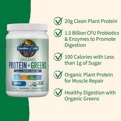 Organic Plant Protein & Greens Powder, Vanilla Shake, 20G Protein, FAST