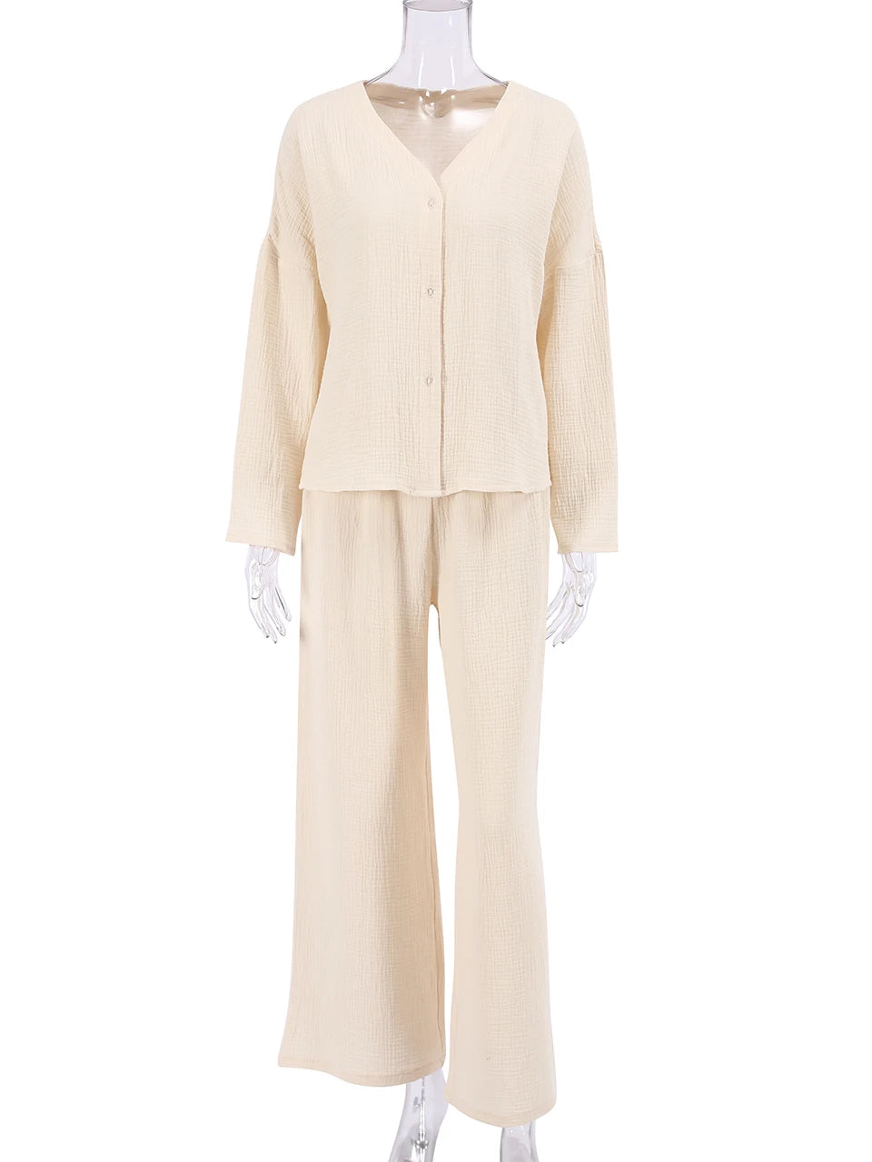 Khaki Pure Cotton Sleepwear V Neck Single Breasted Wide Leg Pants Trouser Suits Drop Sleeves Set Woman 2 Pieces Loungewear