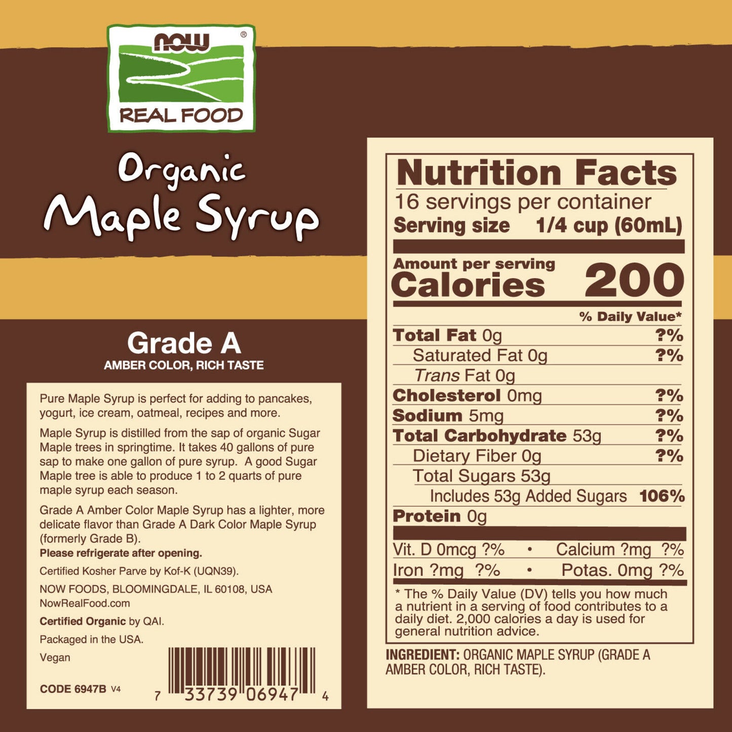 Maple Syrup, Organic Grade a Amber Color, 32 Oz