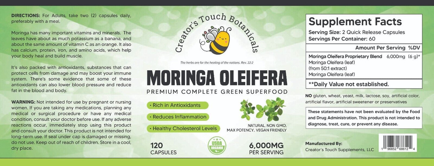 Moringa Organic, 120 Caps, 92 Nutrients & Minerals, Antioxidants. 6000Mg per Sev