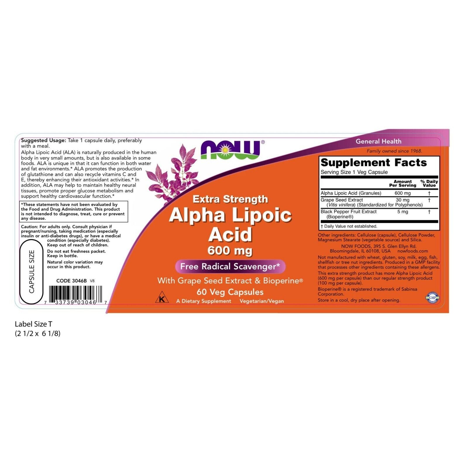 NOW Foods Alpha Lipoic Acid, Extra Strength 600 Mg, 60 Veg Capsules