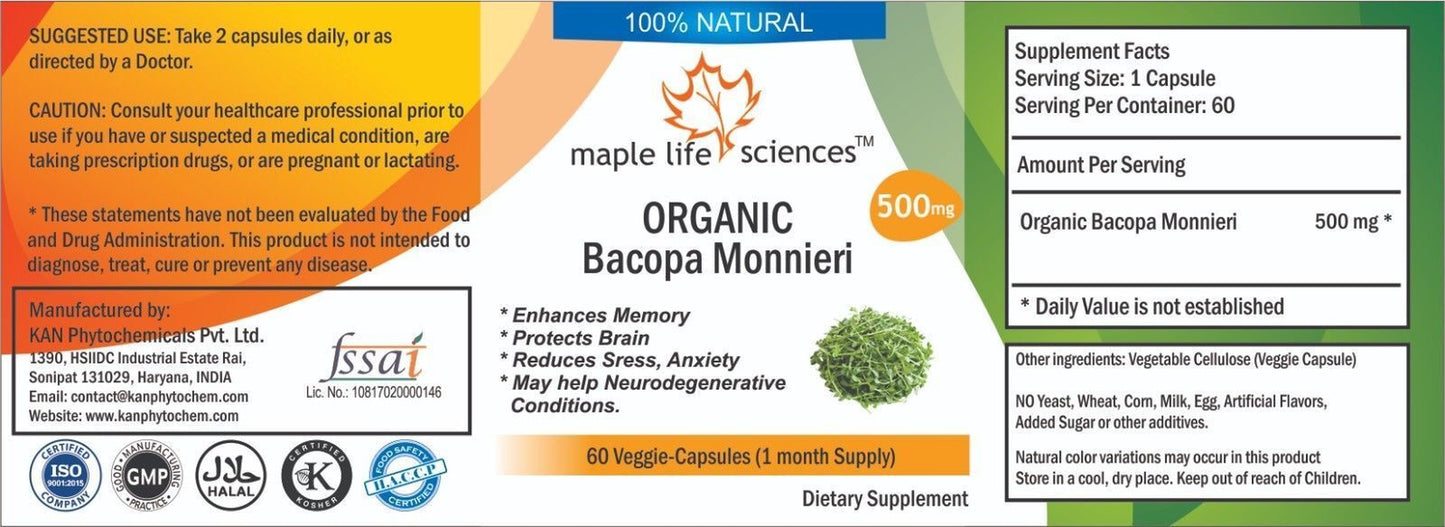 ORGANIC Bacopa Monnieri Leaves Capsules (Brahmi) Improve Memory Anti-Stress