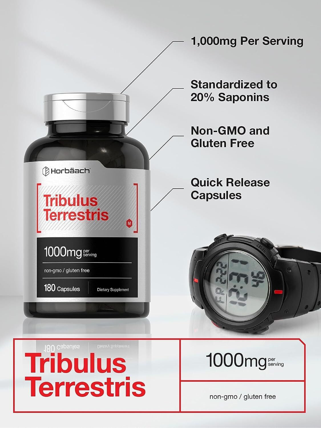 Tribulus Terrestris | 1000Mg | 180 Capsules | for Men and Women | Non-Gmo & Glut