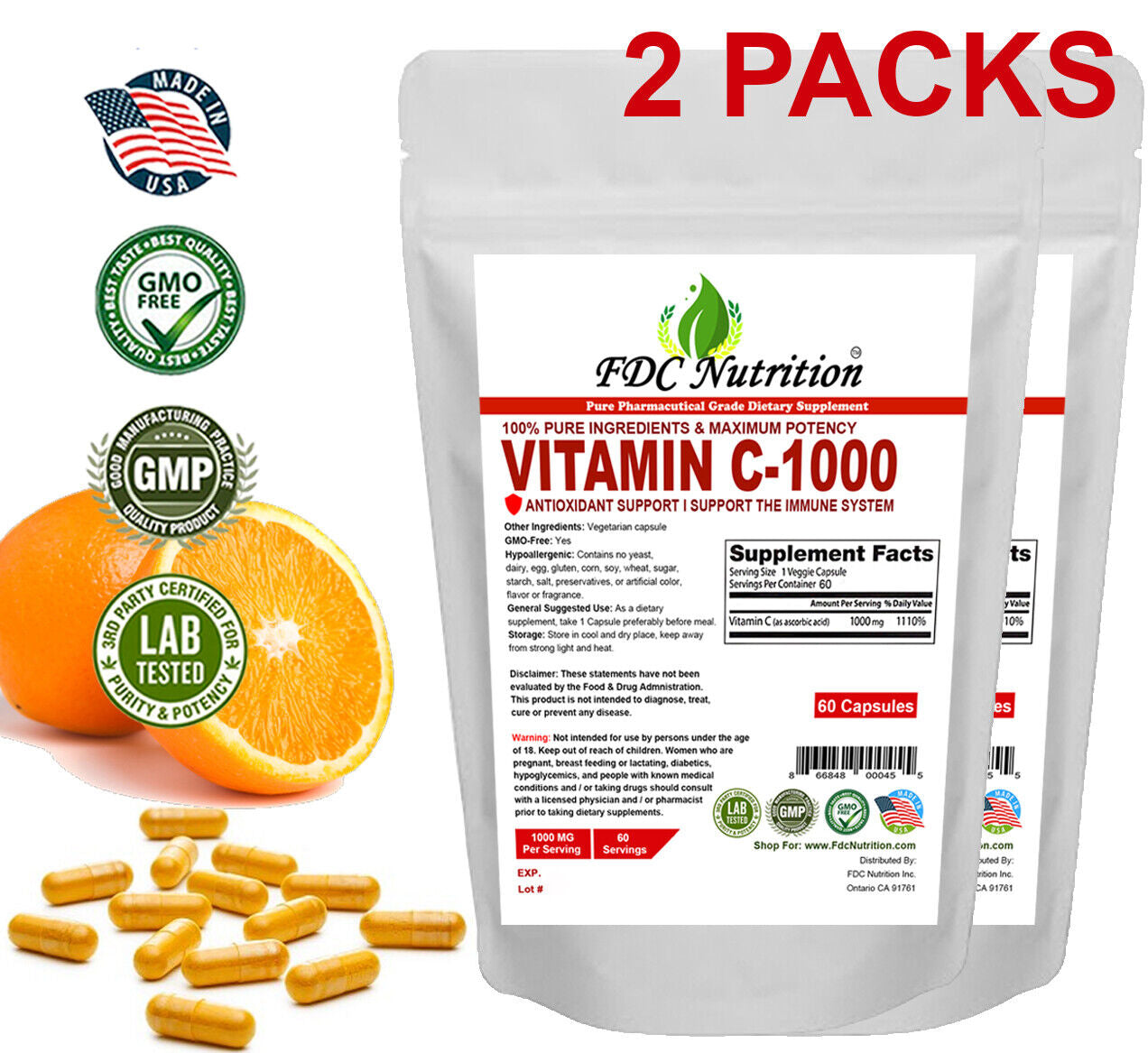 FDC NUTRITION Vitamin C 1000Mg - Immune Support - 120 Capsules - 2PACKS