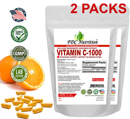 FDC NUTRITION Vitamin C 1000Mg - Immune Support - 120 Capsules - 2PACKS