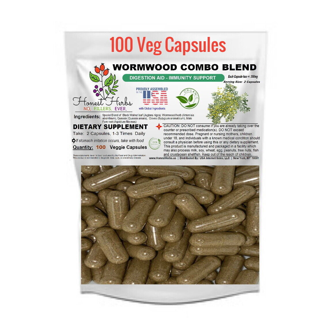 Anti-Parasite Capsules - Wormwood, Black Walnut, Cloves, Quassia, Fern - 100 Veggie Caps