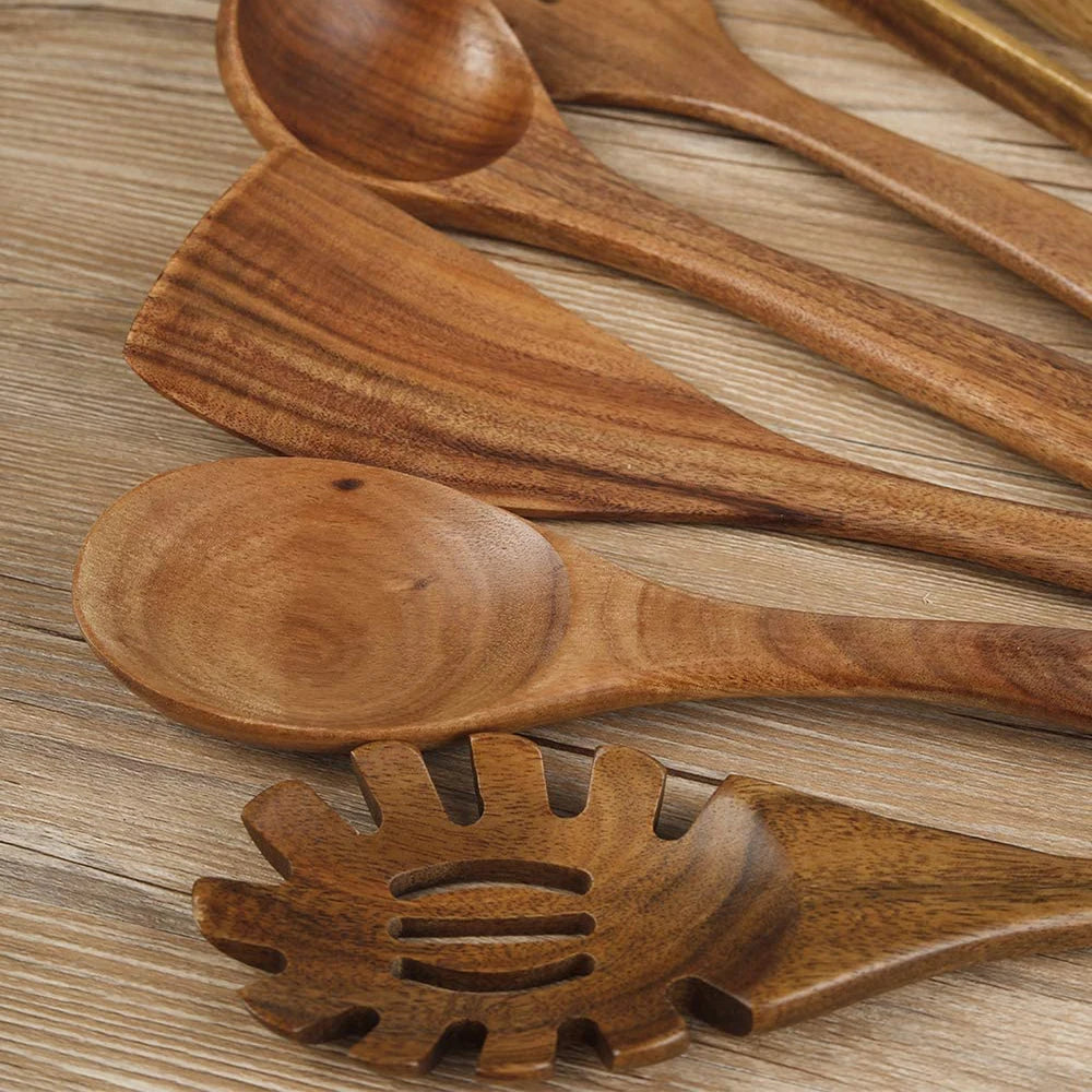 Wooden Kitchen Utensils for Cooking Natural Wood Utensil Set Wooden Spoons 7/8/11/13Pcs Nonstick Set Spatula