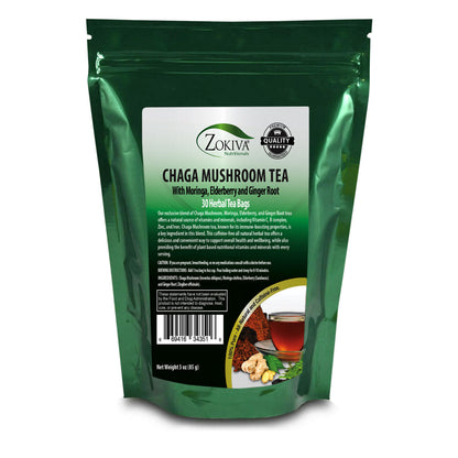 Chaga Mushroom Tea, 30 Bags - Wellness Blend with Moringa, Elderberry & Ginger