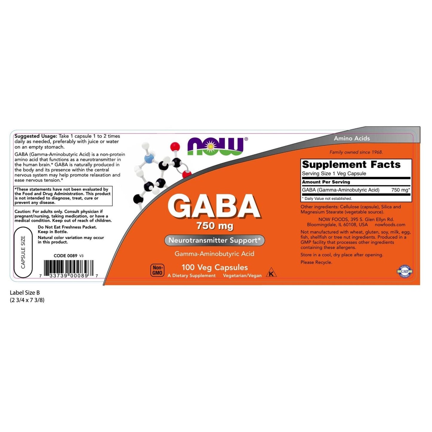 NOW Foods GABA, 750 Mg, 100 Cápsulas Vegetales