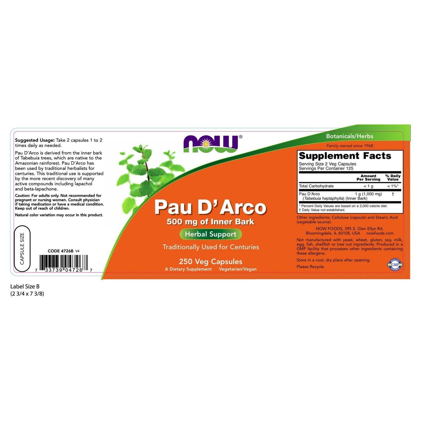 NOW Foods Pau D'Arco, 500 Mg, 250 Capsules