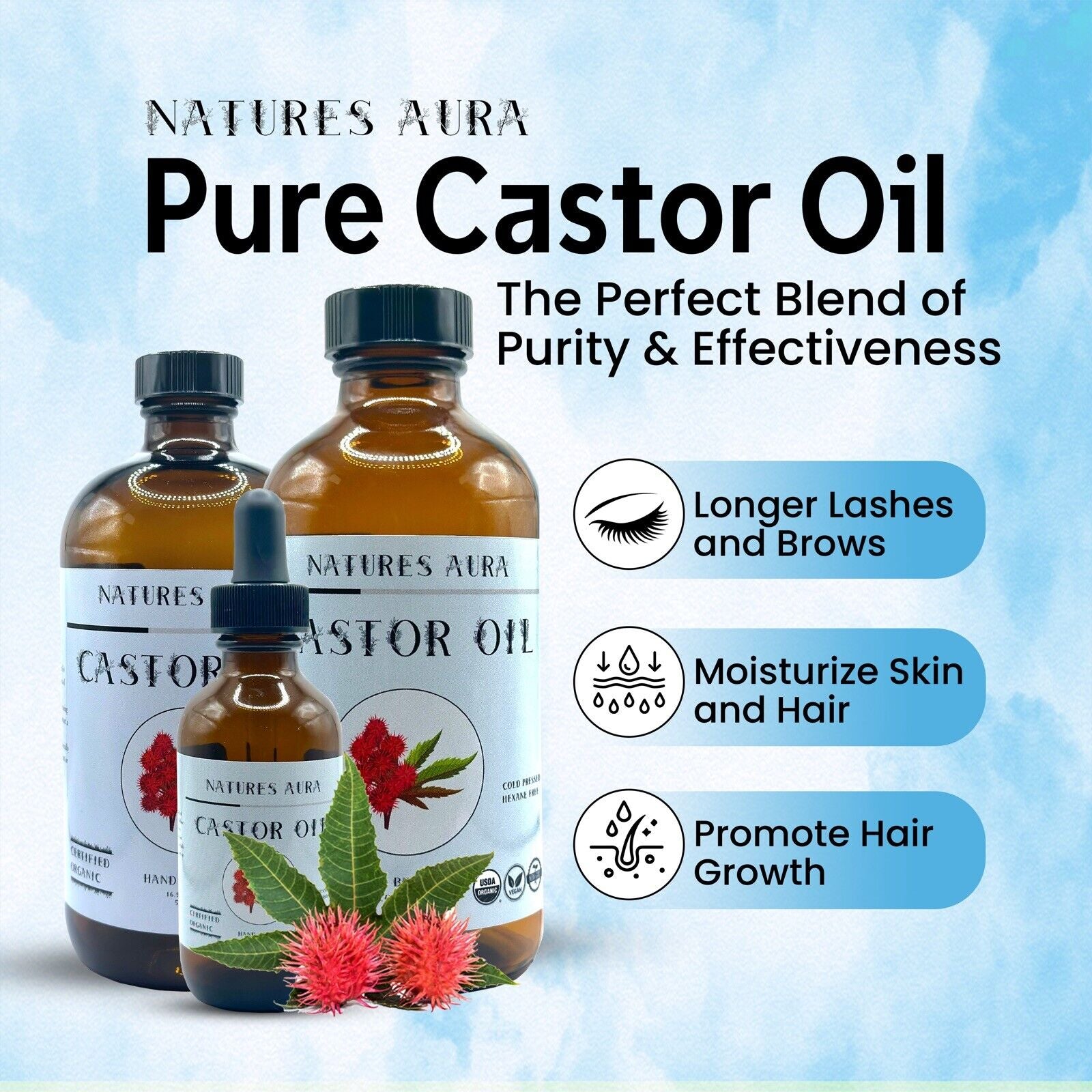 Natures Aura Organic Castor Oil - Glass (32 Oz) | Cold Pressed, Hexane Free