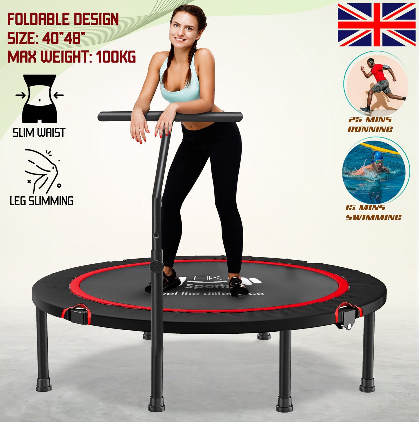 Mini Trampoline Fitness Jumper Rebounder Exercise Gym Bouncer with Handle 40/48"