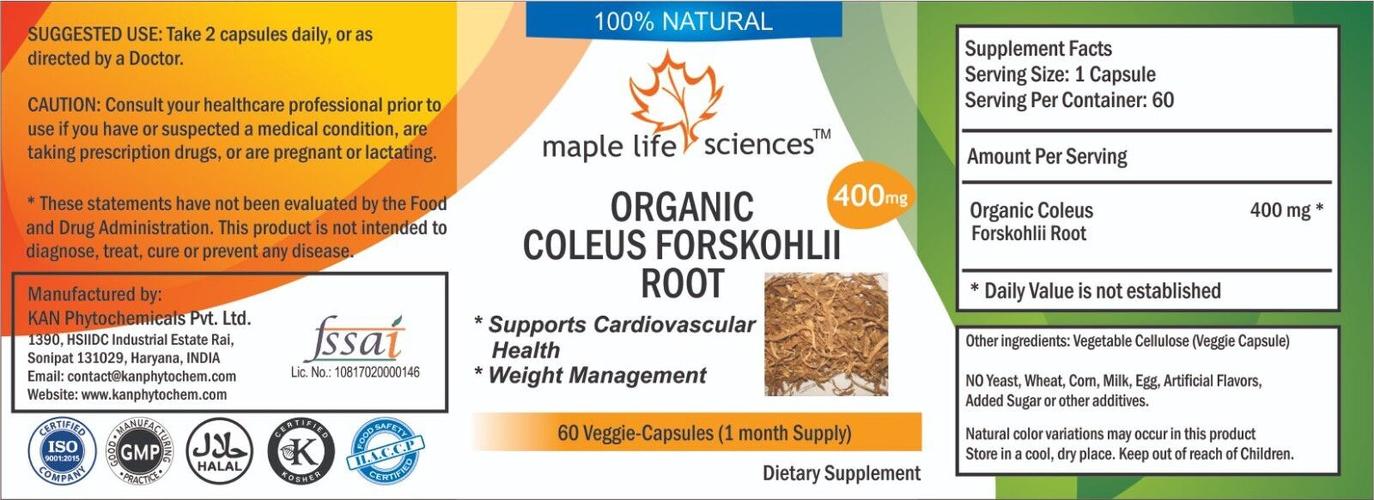 ORGANIC Coleus Forskohlii Root Capsules Weight Loss for Healthy Heart & Lungs