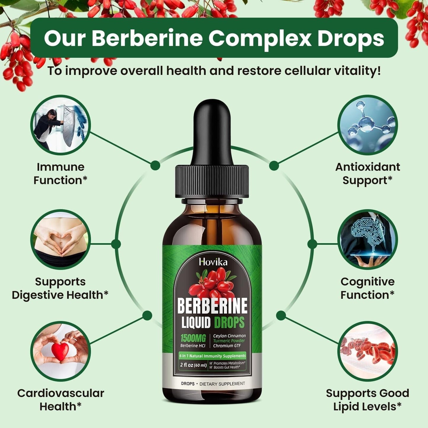 1500Mg Organic Berberine Supplement Liquid Drops W/ Ceylon Cinnamon,Turme