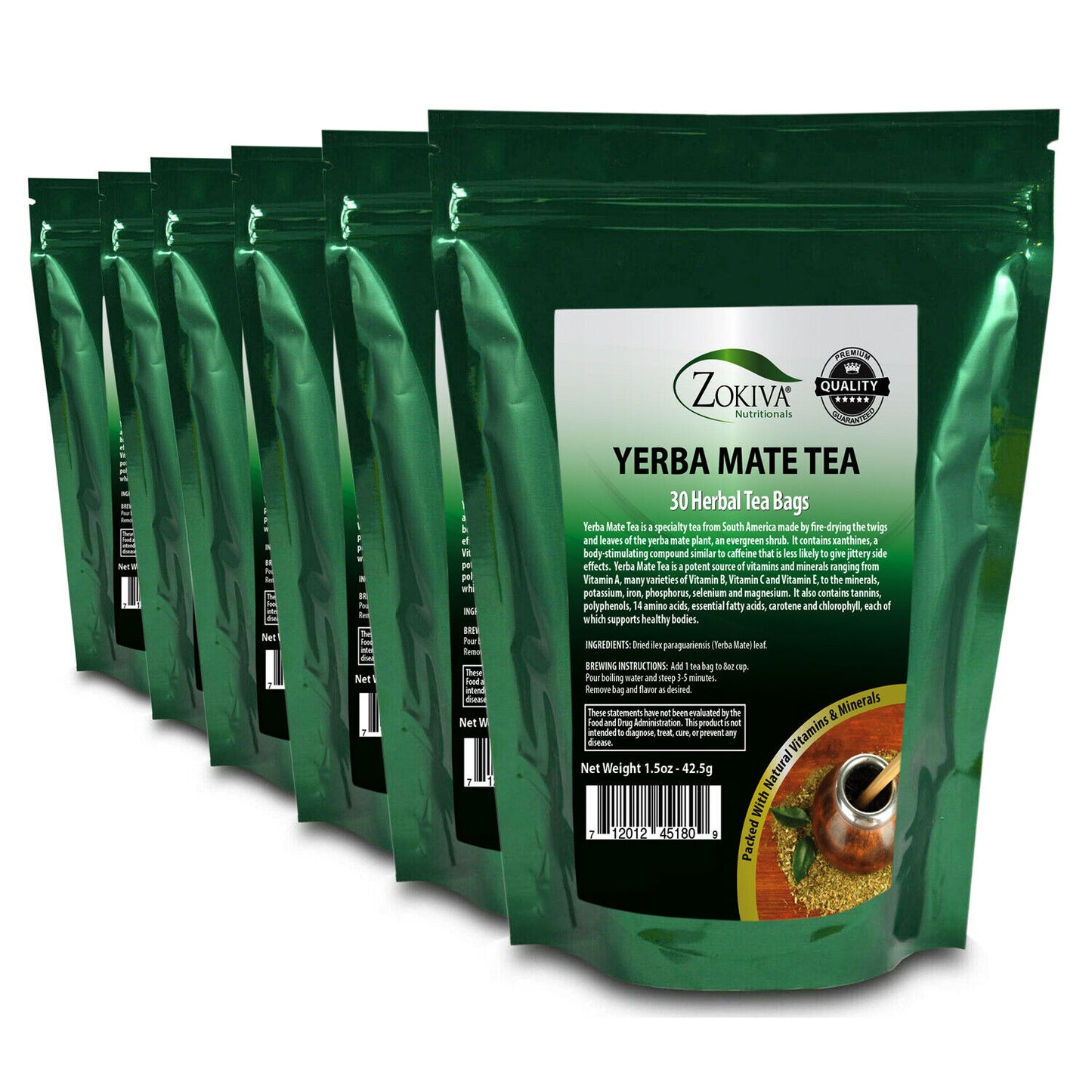 Yerba Mate Tea Bags 6-Pack (180) 100% Pure - All-Natural Premium Herbal Tea