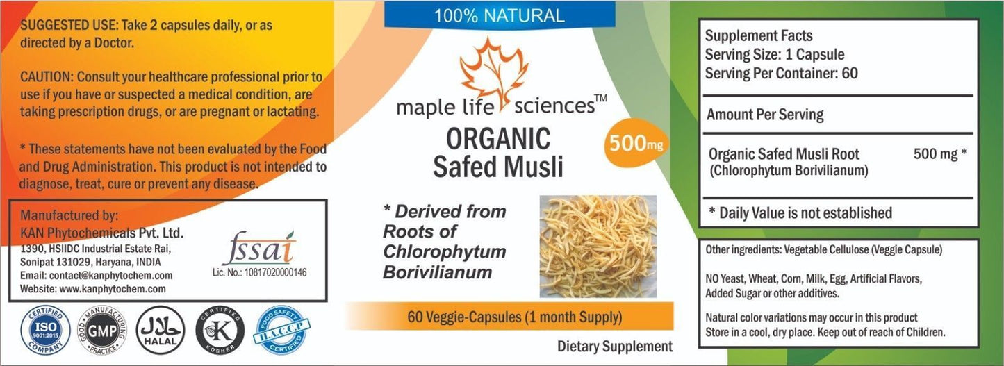 ORGANIC Safed Musli (CHLOROPHYTUM BORIVILIANUM) Capsules for Sexual Health