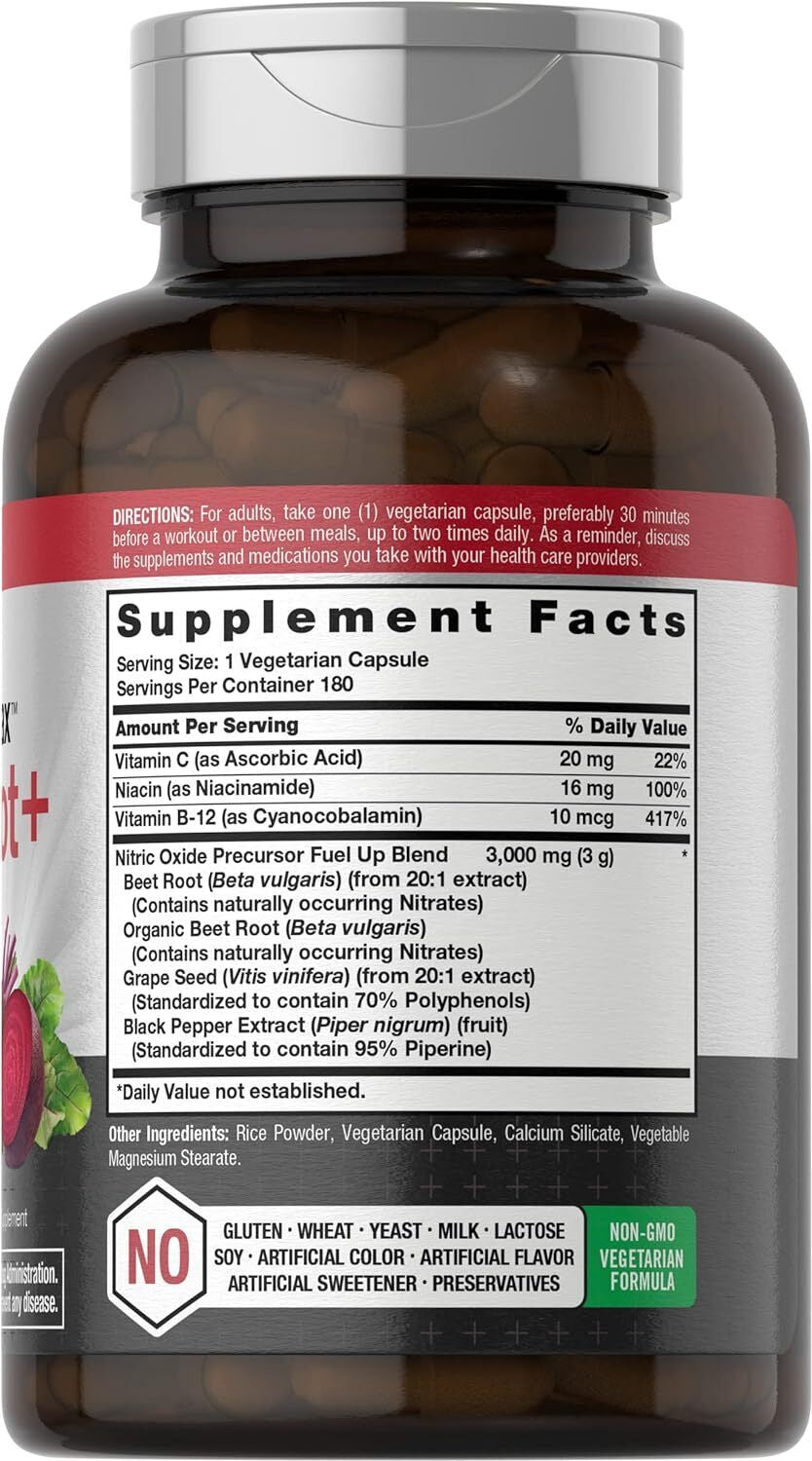 Nitric Oxide Beet Root Capsules | with Nitrates | 180 Count | Nitric Oxide Precu