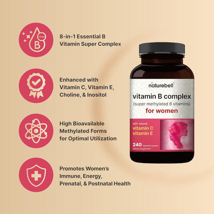 Vitamin B Complex for Women, 240 Veggie Capsules | Super Methylated B Vitamins |