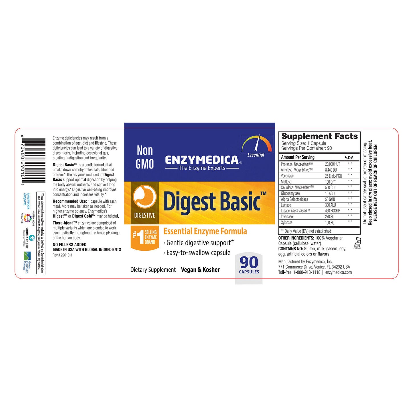 Digestive Enzymes (Enzymedica Digest Basic 90 Capsules, Gentle Digestive Support, Vegan, Kosher)