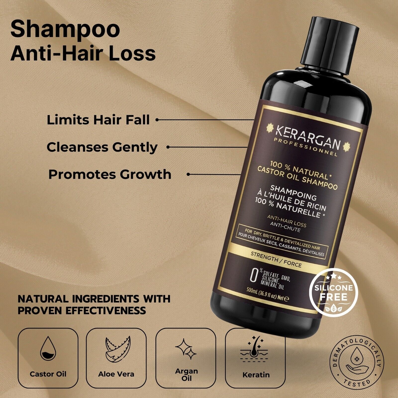 Powerful All Natural Anti-Hair Loss Shampoo & Conditioner with Castor Oil - Kerargan 2X16.9 Fl Oz