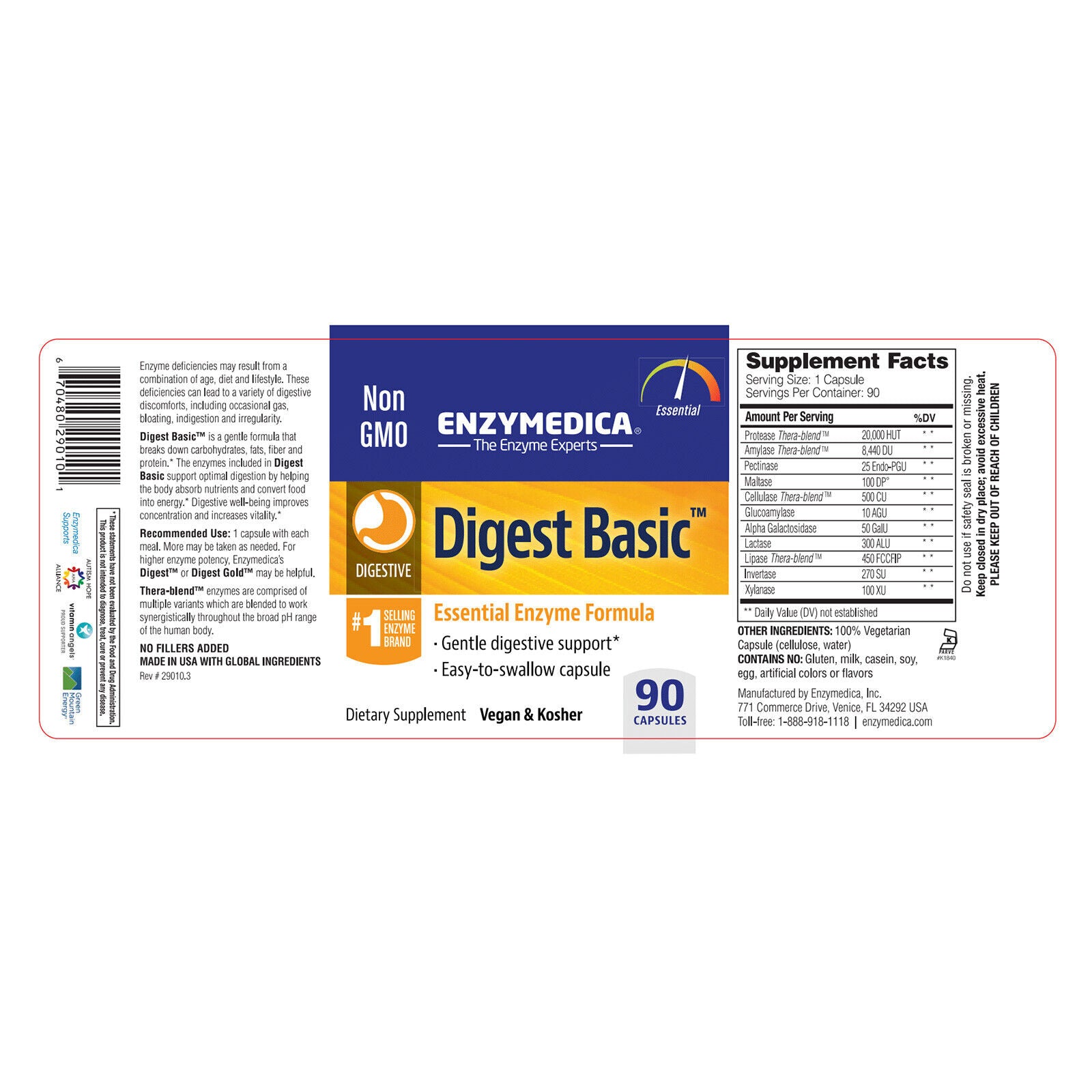 Digestive Enzymes (Enzymedica Digest Basic 90 Capsules, Gentle Digestive Support, Vegan, )