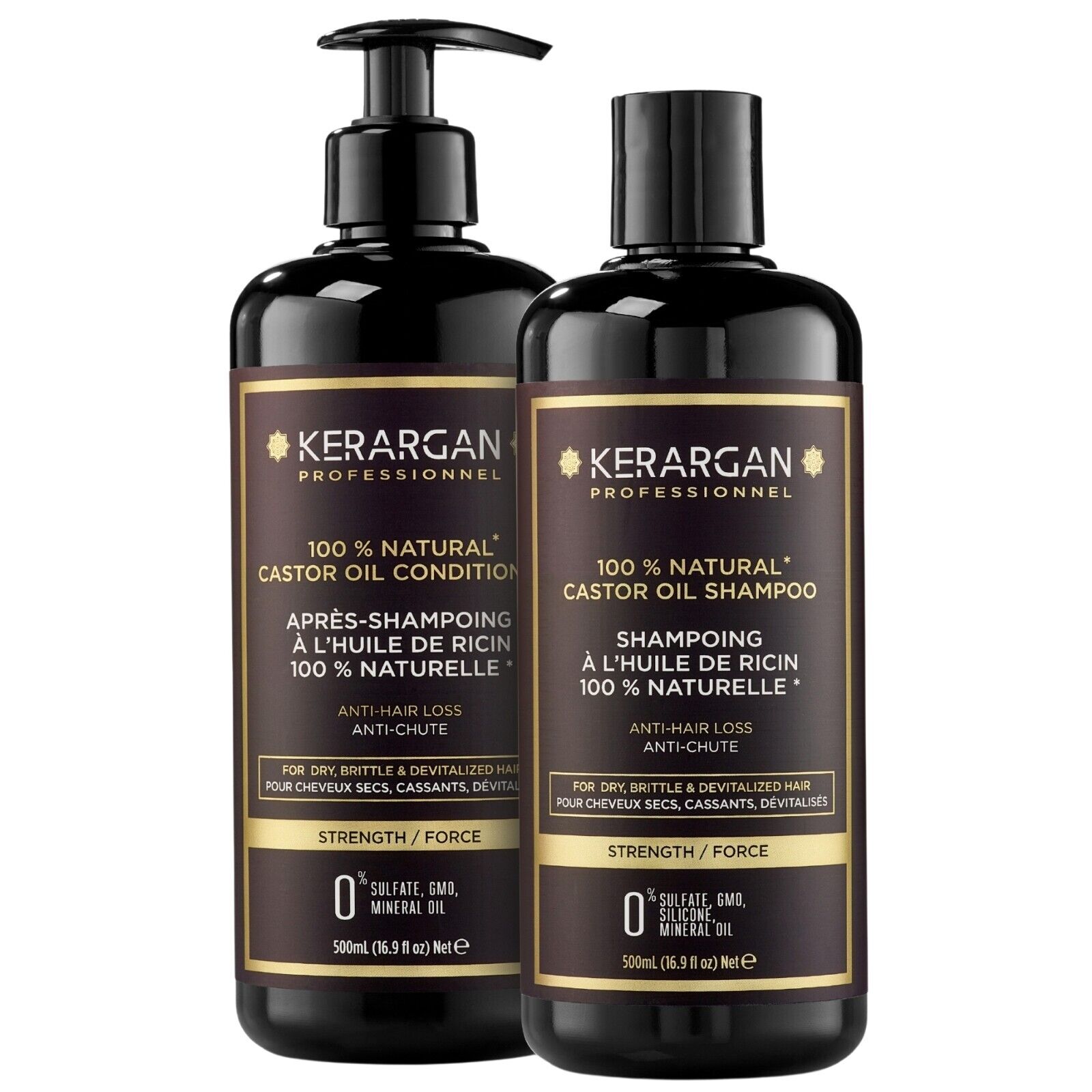 Powerful All Natural Anti-Hair Loss Shampoo & Conditioner with Castor Oil - Kerargan 2X16.9 Fl Oz