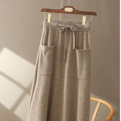 Autumn and Winter100% Pure Wool Skirt Women'S Long Pocket Small a Skirt High Waist Slim Cashmere Knit A-Line Skirt