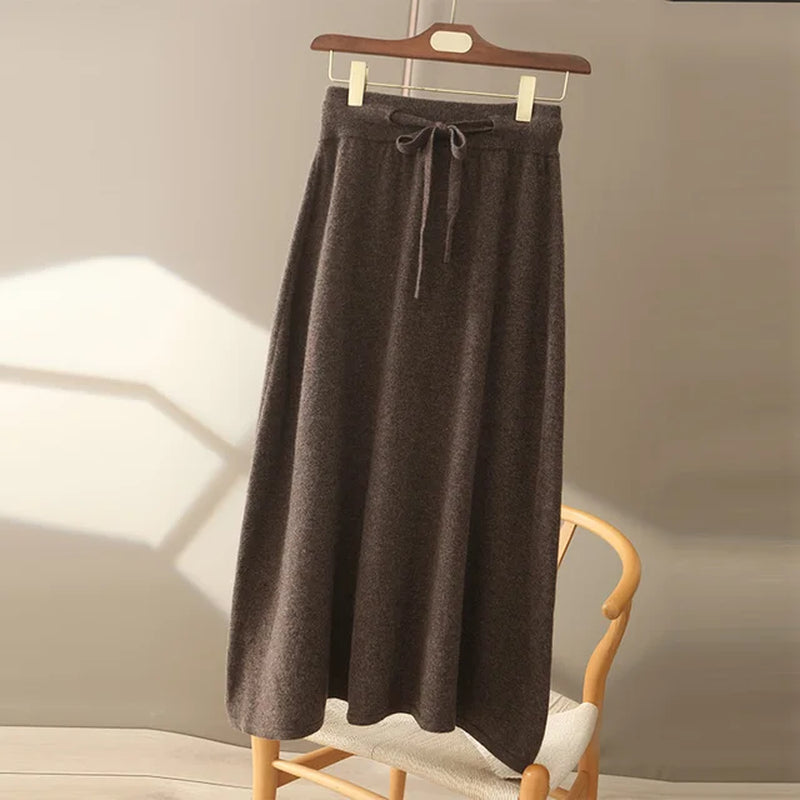 Autumn and Winter100% Pure Wool Skirt Women'S Long Pocket Small a Skirt High Waist Slim Cashmere Knit A-Line Skirt