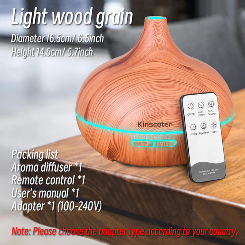 High Quality 500Ml Aromatherapy Essential Oil Diffuser Wood Grain Remote Control Ultrasonic Air Humidifier with 7 Colors Light