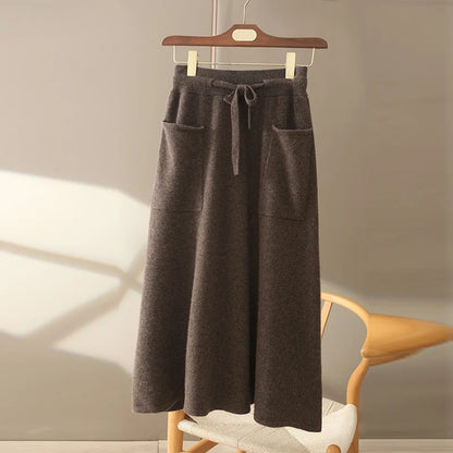 Autumn and Winter100% Pure Wool Skirt Women'S Long Pocket Small a Skirt High Waist Slim Cashmere Knit A-Line Skirt