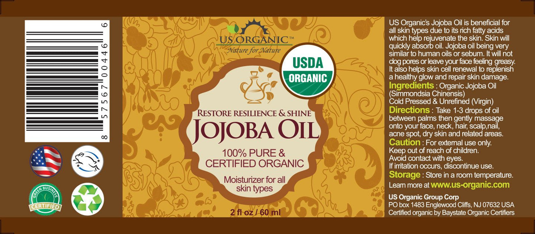 Jojoba Oil, 100% Pure Certified USDA Organic