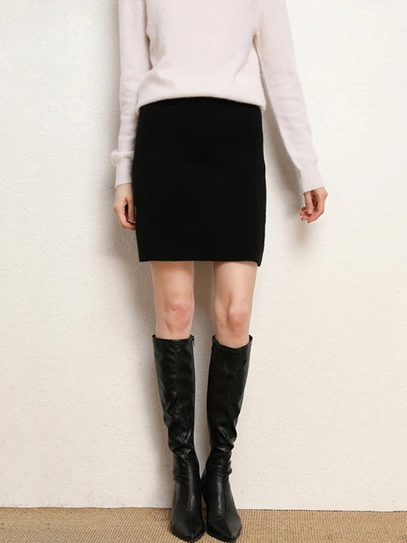 100% Wool Office A-Line Skirts Women Fall Winter Casual High Waist Real Cashmere Soft Knitted Bodycon Mini Skirts