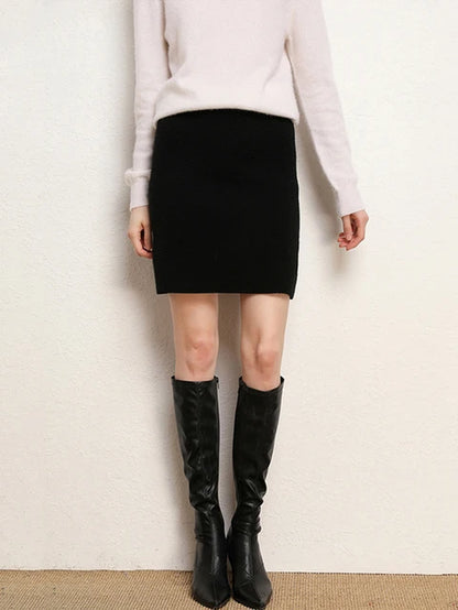 100% Wool Office A-Line Skirts Women Fall Winter Casual High Waist Real Cashmere Soft Knitted Bodycon Mini Skirts