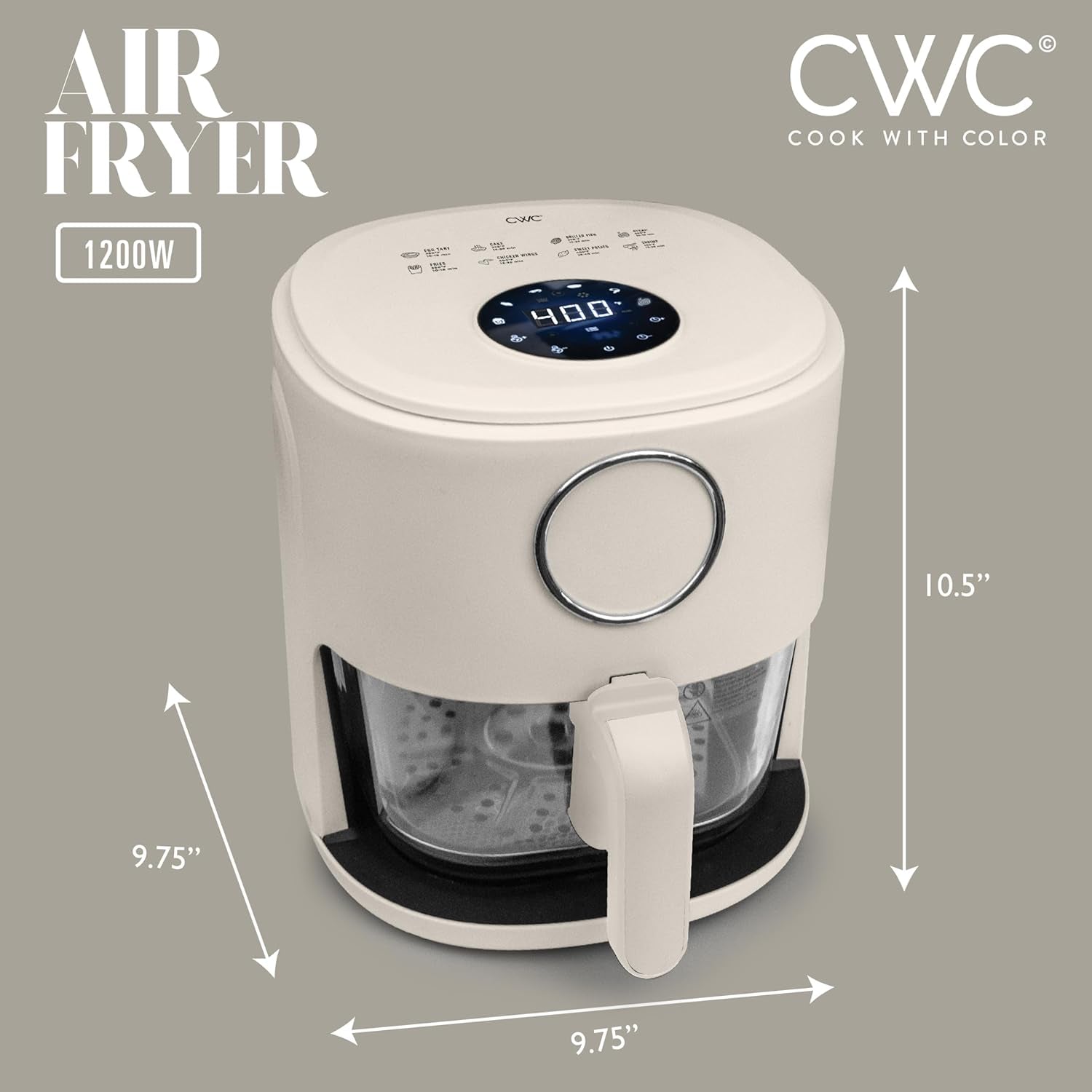 Glass Airfryer 1200W 4Qt Air Fryer: Glass Basket, Dishwasher Safe